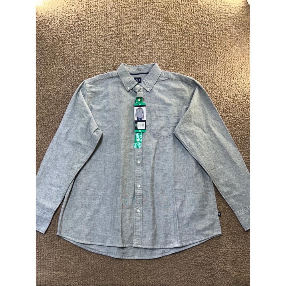 GAP Mens Long Sleeve Oxford Shirt Gray Standard Fit XL Button Down Stretch NEW